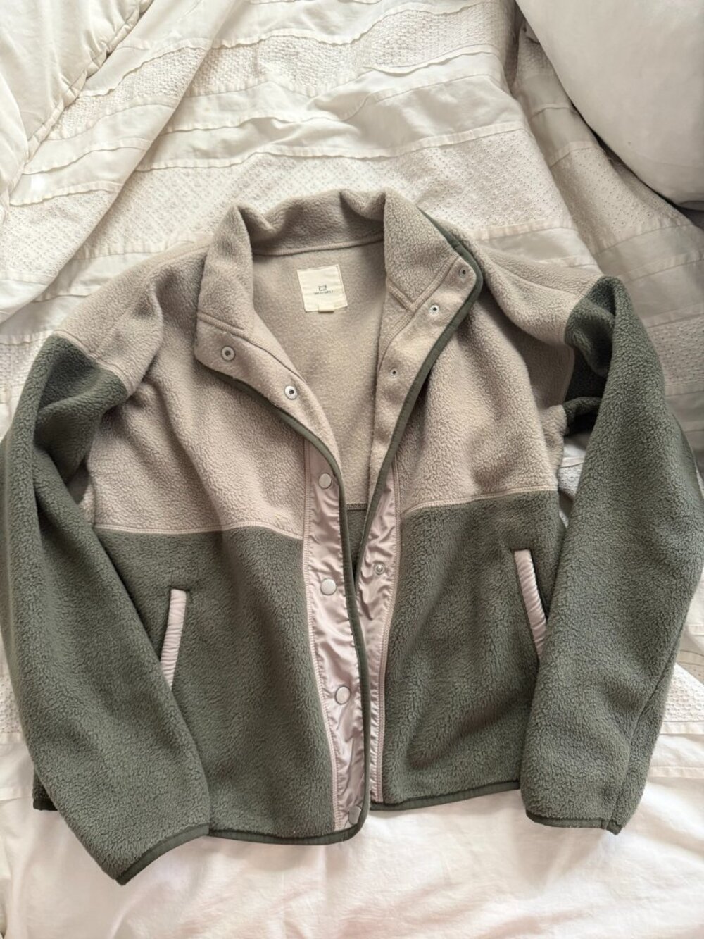 Thread & Supply Sherpa Fleece Snap Jacket Sage Green Taupe Size M